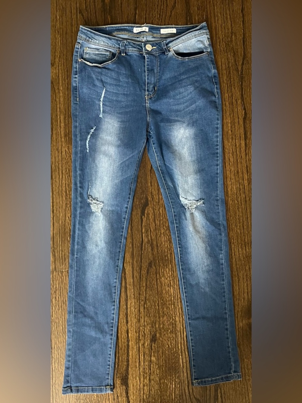 Women's Blue Distressed Skinny Jeans - Classic Stretch Denim